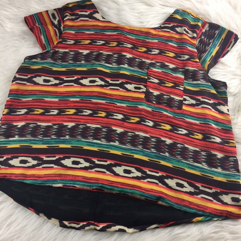 PRETTY REBELLIOUS Tribal Ikat Print Chiffon Top Strappy V-Back High Low Red M